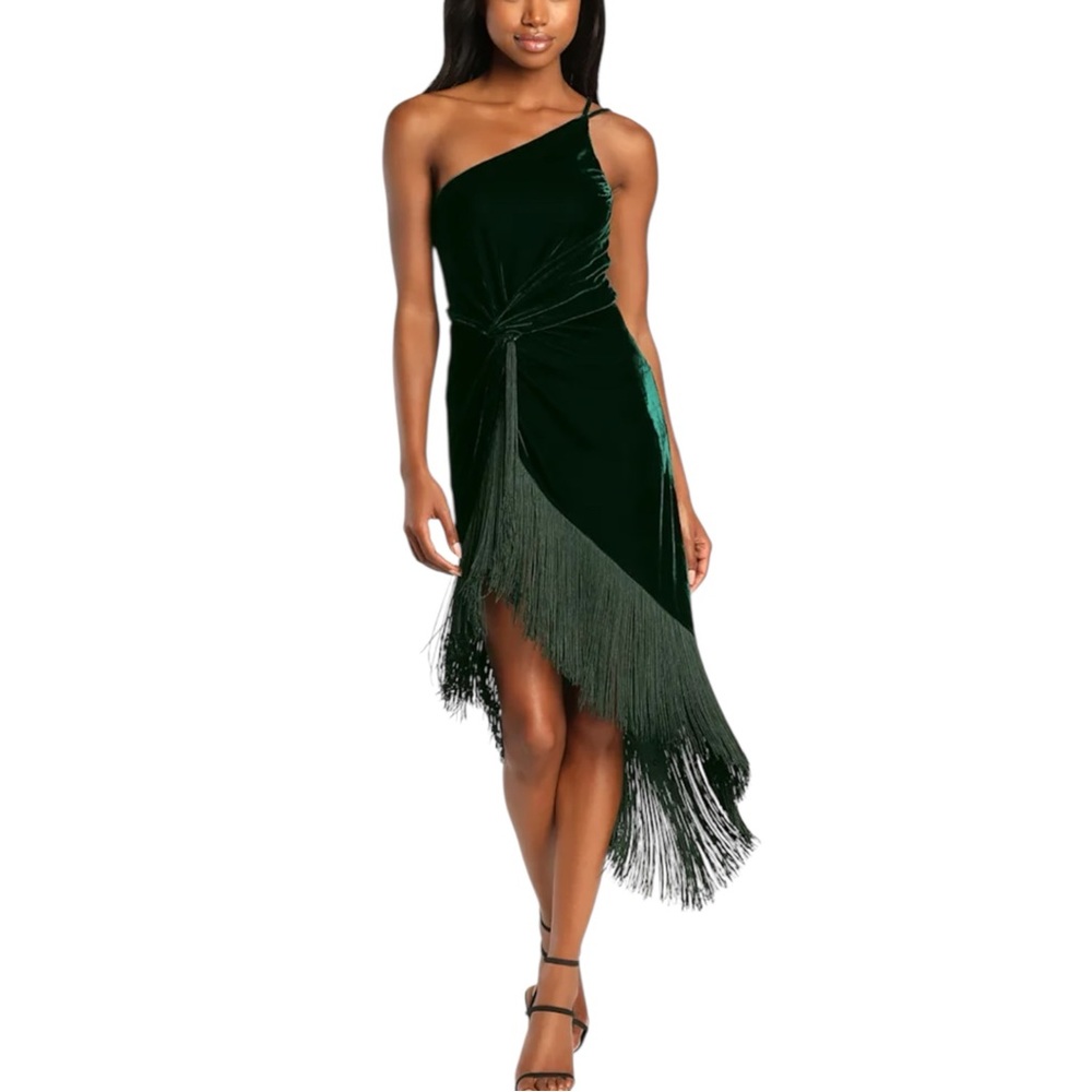 NWT Lulu's Fringe For Life Velvet Green One Shoulder Fringe Dress SMALL